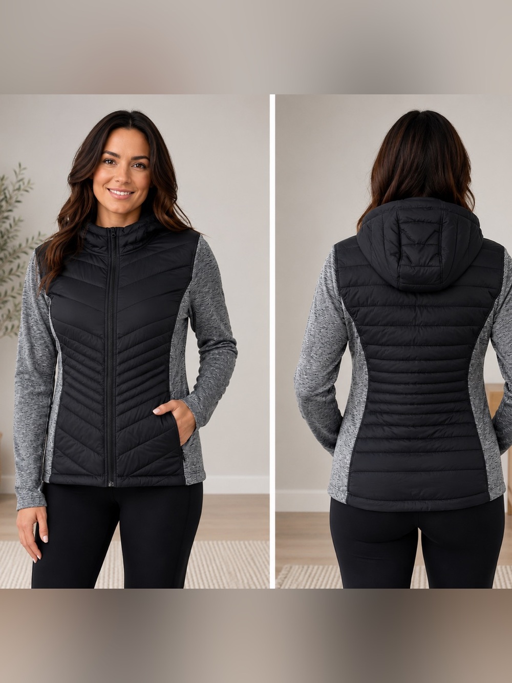 Black & Gray Hooded Women's Hybrid Jacket